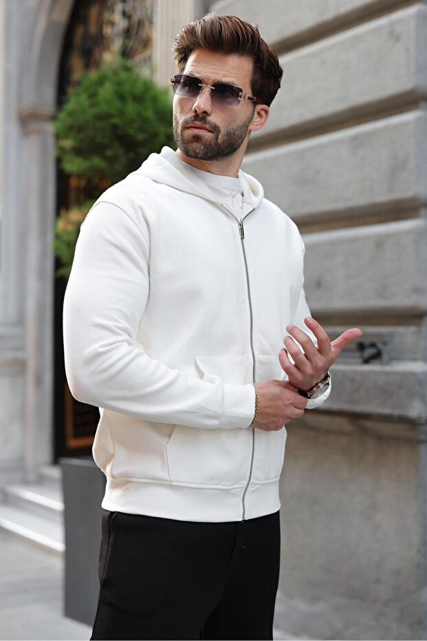 Ecru Hooded Basic Men's Cardigan with Zipper Pockets E7217