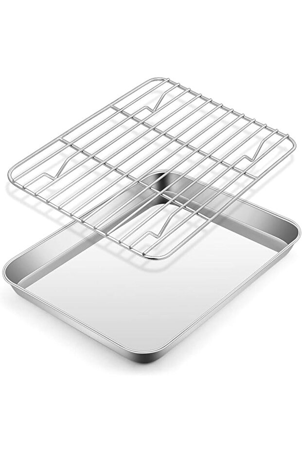 E-far Small Baking Sheet with Wire Rack, Stainless Steel Cookie Sheets Trays & Cooling Rack for Toas