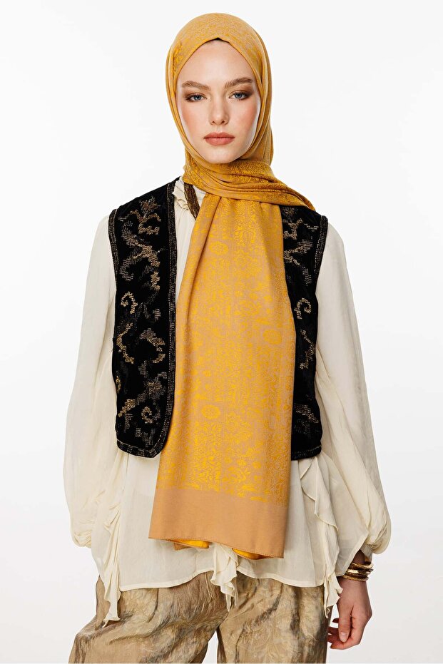 Henna Pattern Double Sided Shawl Mink-Mustard