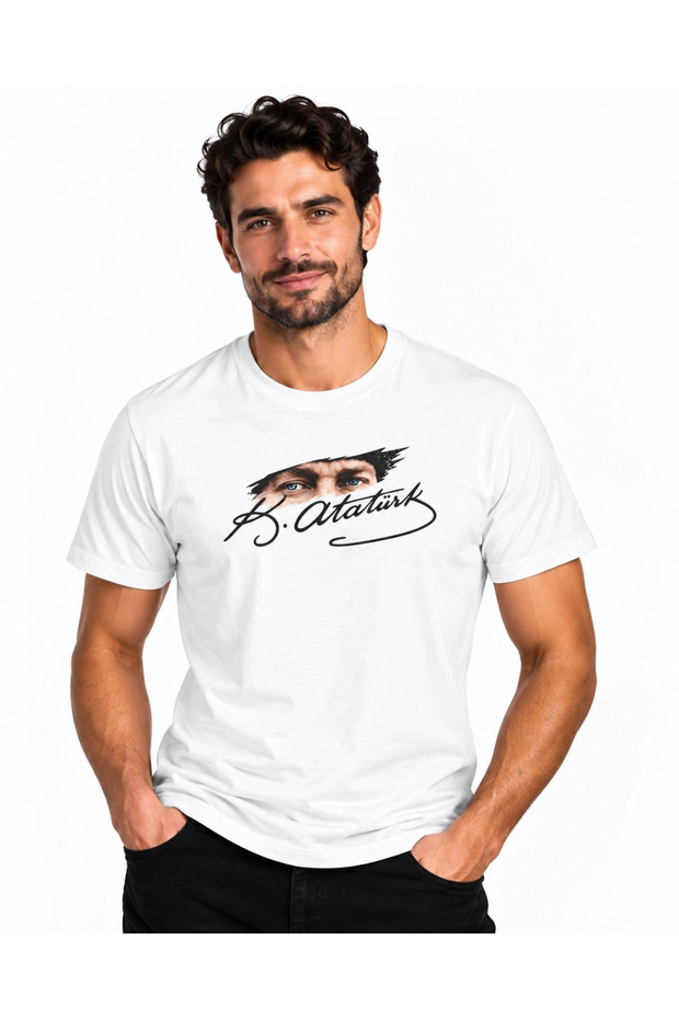 Ataturk Eyes and Black Signature Printed White Unisex 100% Cotton Premium T-Shirt