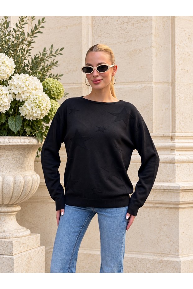 Women's Long Sleeve Star Patterned Knit Sweater 40-46