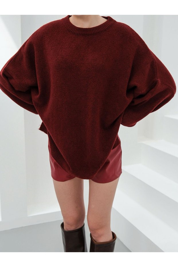 Women's Burgundy Balloon Sleeve Slit Knitwear Oversize Tunic Sweater Frv0190-1