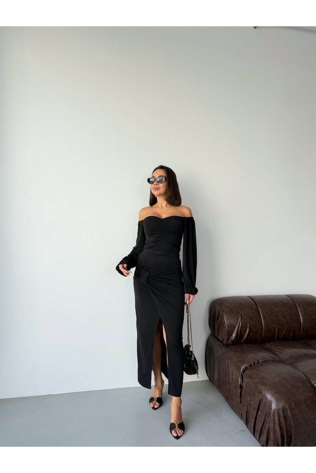 Gathered Front Long Sleeve Blouse and Slit Skirt Two-Piece Set