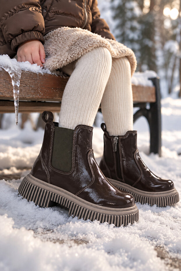 Children's Unisex Bitter Brown Patent Leather Thick Serrated Thermo Sole Zippered Elastic Chelsea Boots