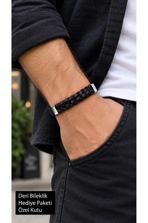 Bravesso Blackplait Black Leather Men's Bracelet - Thick Single Color Braid Detail