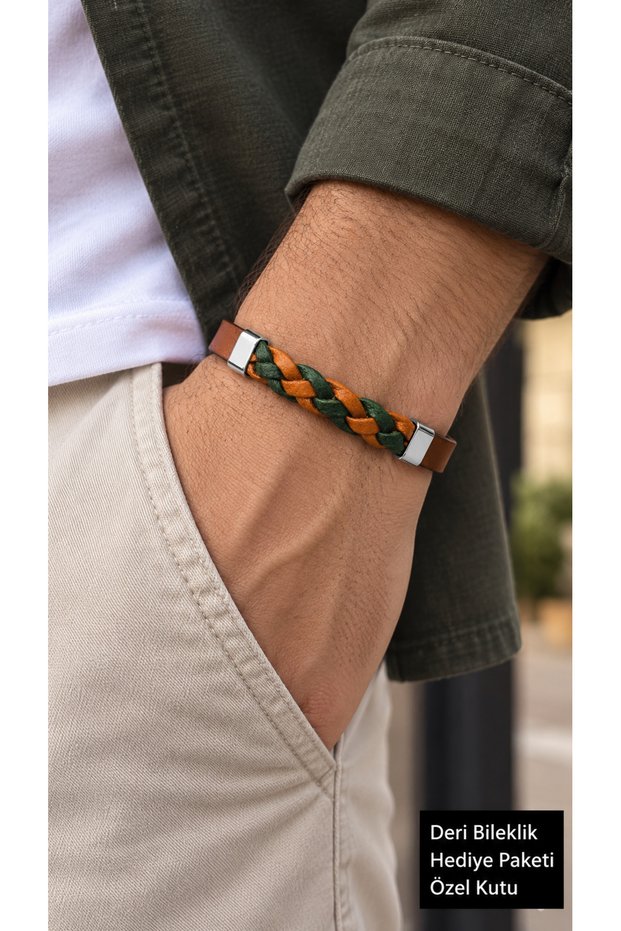 Pervesso Forestline Brown Leather Men's Bracelet - Green Orange Weave