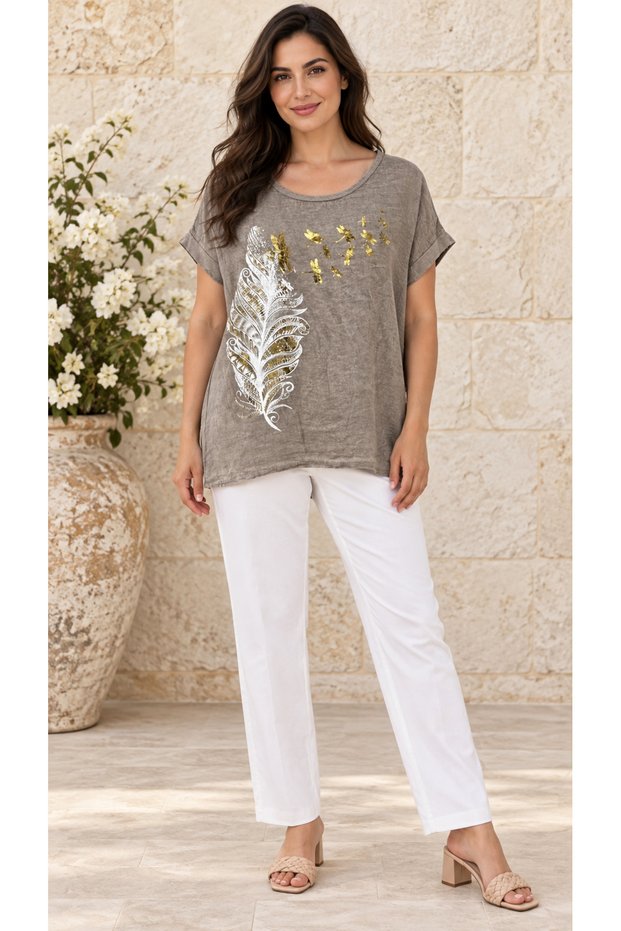 Women's Italian Linen Fabric Shiny Short Sleeve Blouse 40-46