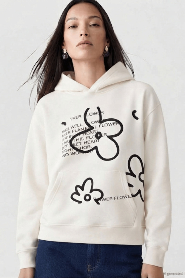 Women's 3 Thread Cotton White Double Flower Print Loose Fit Sweatshirt Hoodie
