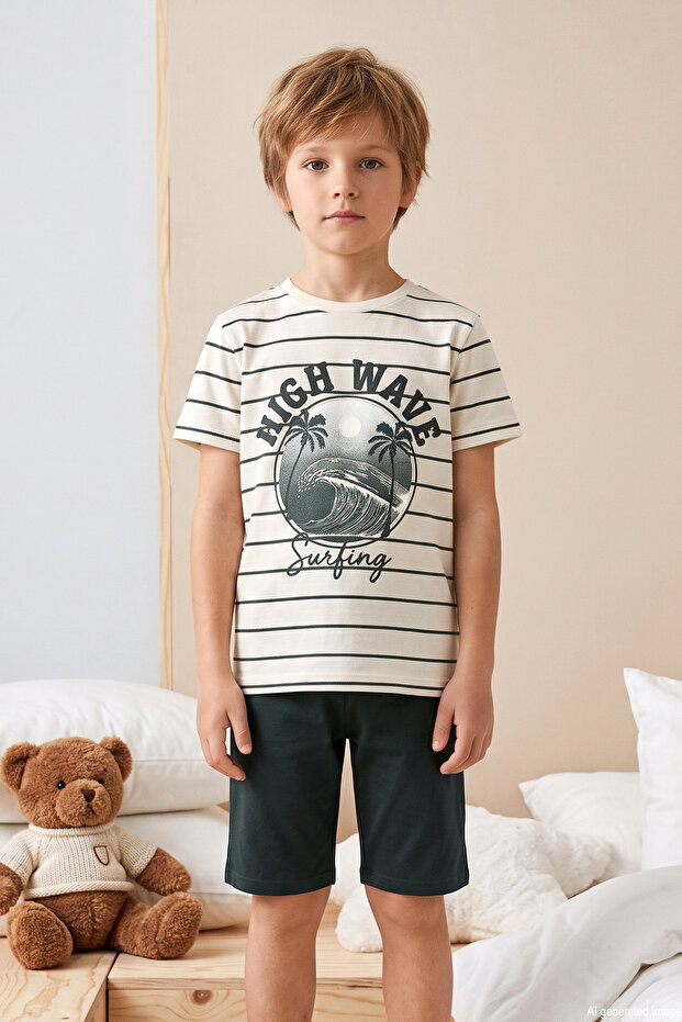 Boy's Short Sleeve Shorts Combed Cotton Pajama Set 4279 Khaki