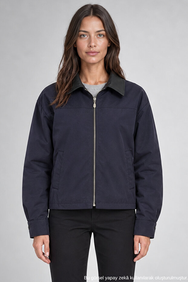 Women's Navy Blue Leather Collared Oversize Coat with Zipper Pockets