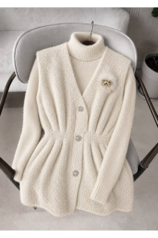 Elastic Waist Buttoned Beard Knitwear Women's Vest