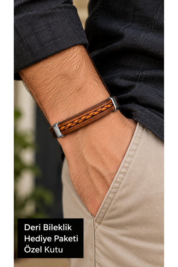 Luscario Stitchline Caramel Leather Men's Bracelet - Black Stitched Middle Strip