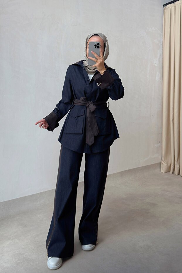 Double Color Garnished Denim Set - Navy Blue