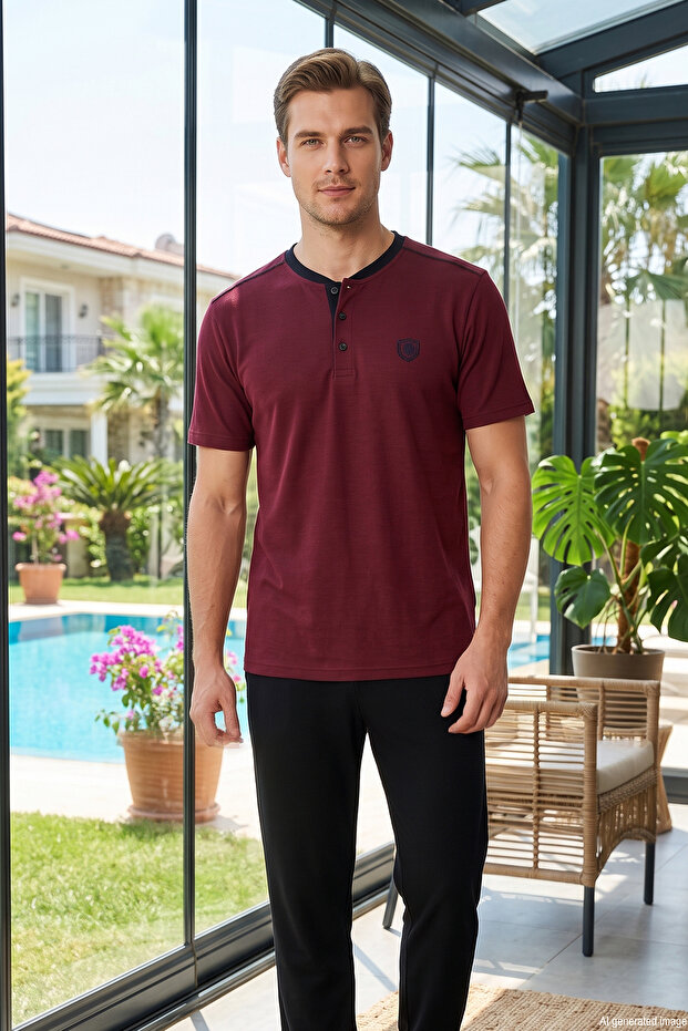 Men's Short Sleeve Combed Cotton Pajama Set 3070 Bordo03