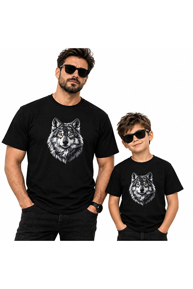 Father Son Wolf Patterned Black T-Shirt Price Is for One Piece