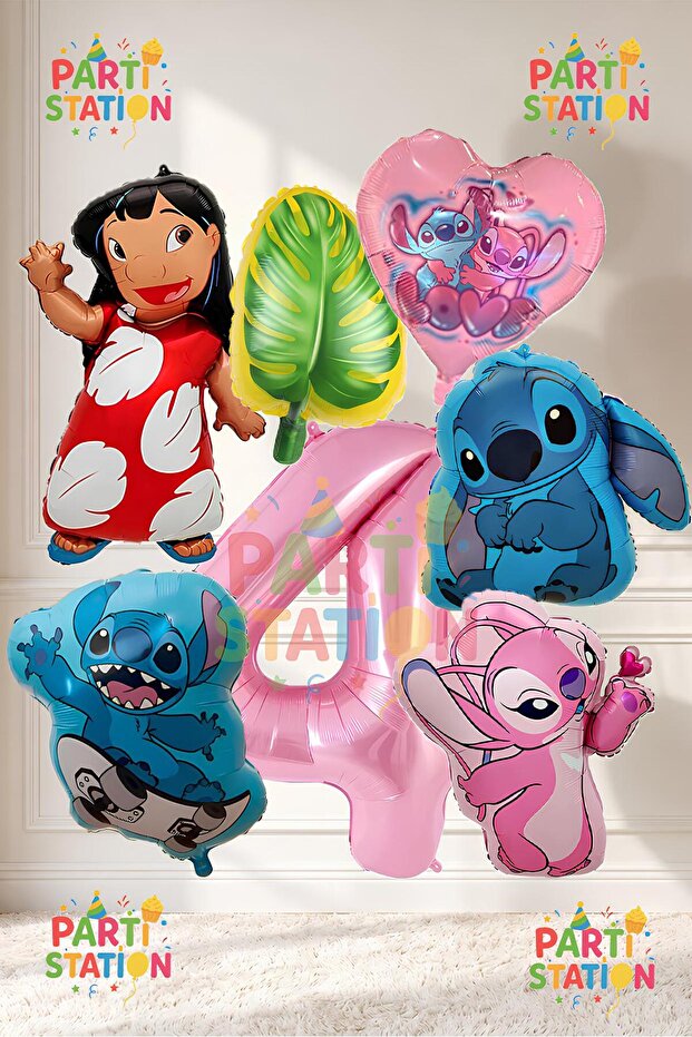 Lilo Stitch and Angel Balloon Set for Ages 4 - 7 Piece Large Size Birthday Balloon Set