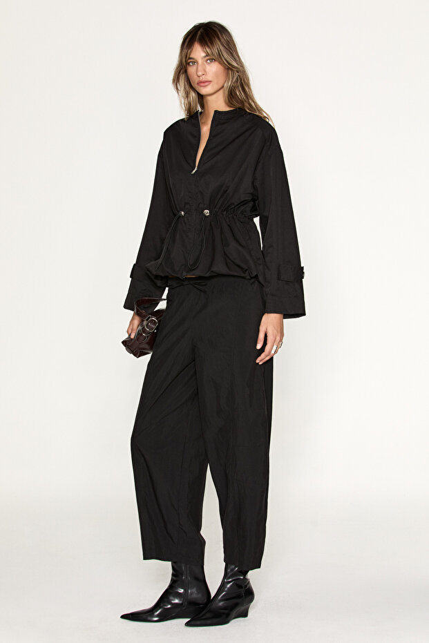 Stanza Parachute Fabric Black Trousers with Elastic Waistband