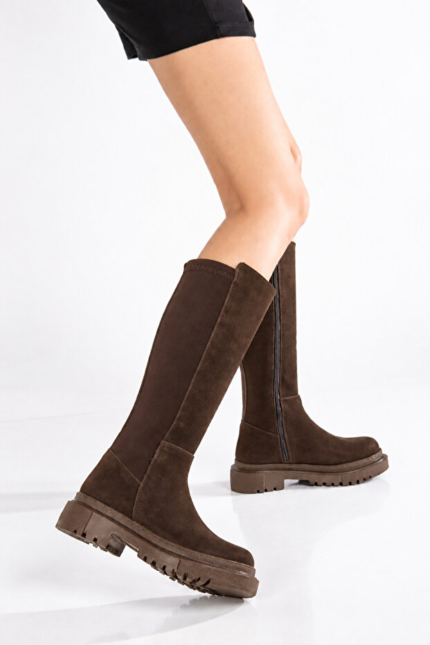 Women's Stretch Thick Sole Daily Boots Zineva Brown Suede Heel Height 5cm