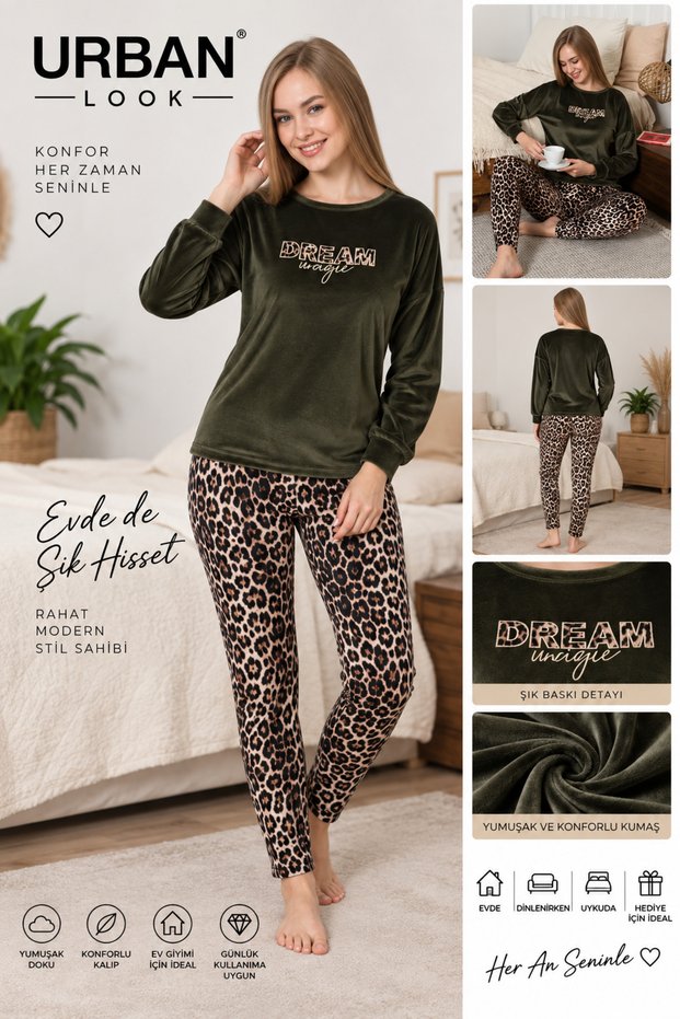 Women's Velvet Sweatshirt with Leopard Pattern Trousers 2-Piece Stylish Home Wear Set