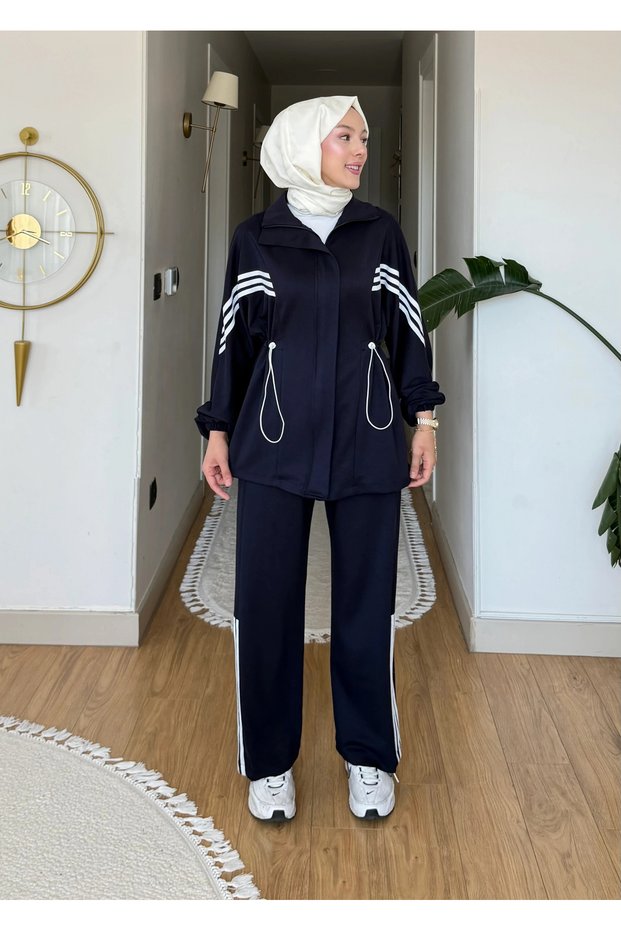 Women's Navy Blue Striped Sports Set with Elastic Waist