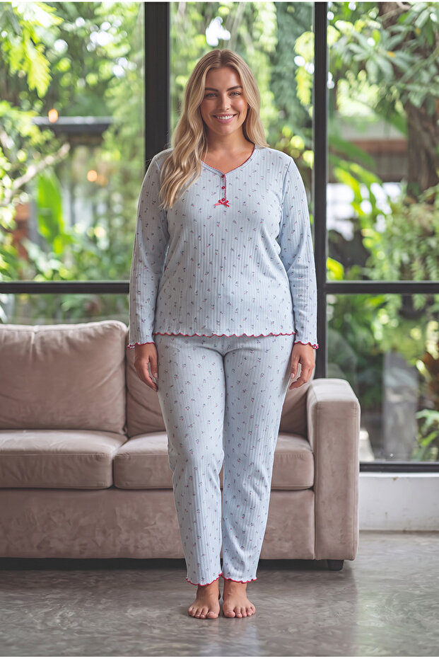 Reported Interlock Fabric Collar Buttoned Winter Plus Size Women's Pajama Set 2900