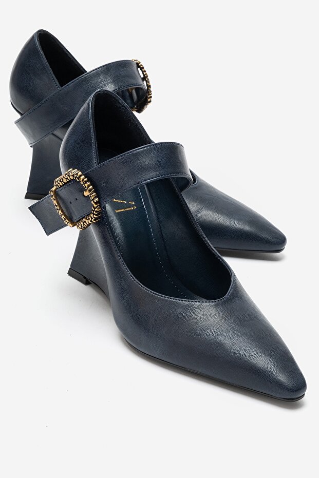 Lyons Navy Blue Leather Buckle Women's Wedge Heeled Shoes