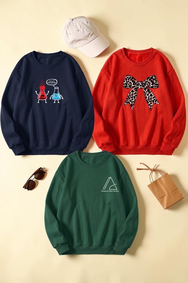Unisex Mixed Printed Crew Neck Sweatshirt Set – Pack of 3