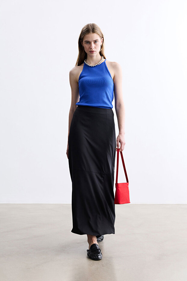 Black Belted Skirt with Sewing Details