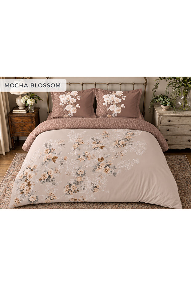 Mocha Blossom Fitted Double Duvet Cover Set – 100% Cotton