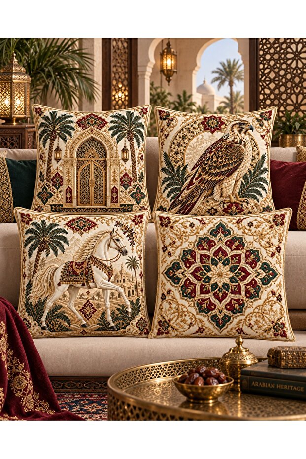 Arabian Horse Hawk Palace and Mandala Patterned Embroidery-Looking Digital Printed Set of 4 Throw Pillow Covers