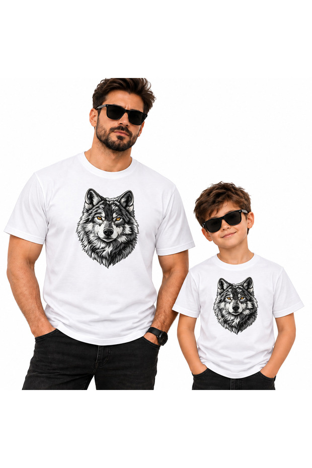Father Son Wolf Patterned White T-Shirt Price Is for One Piece