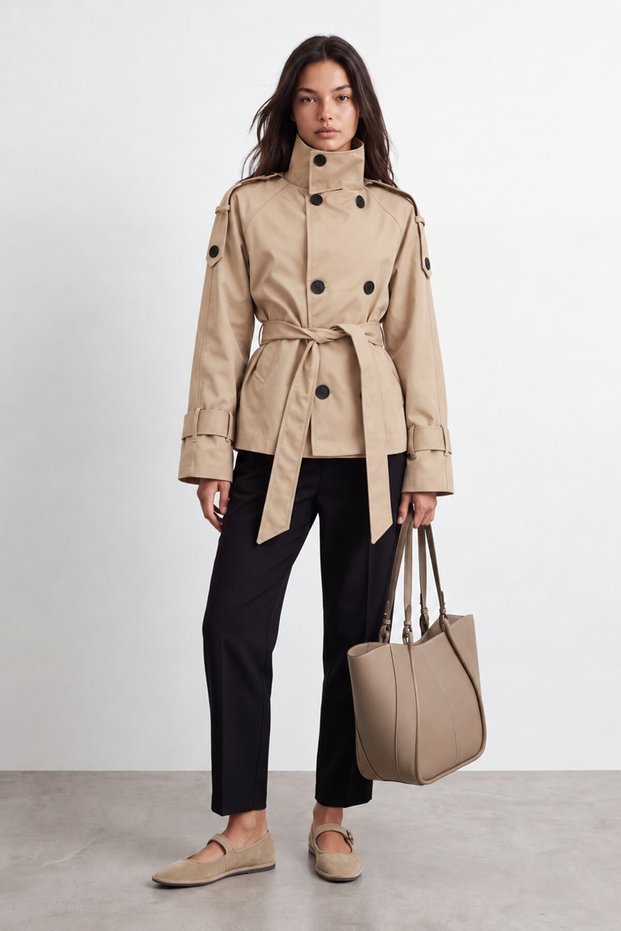 Short trench coat with waist tie