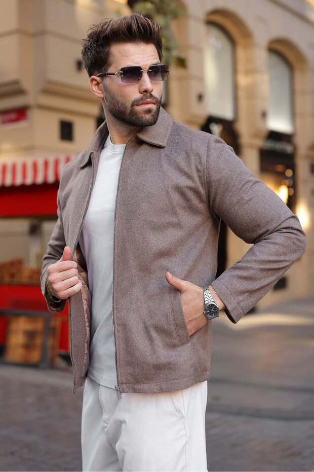 Camel Zippered Lined Cashmere Men's Jacket E7207