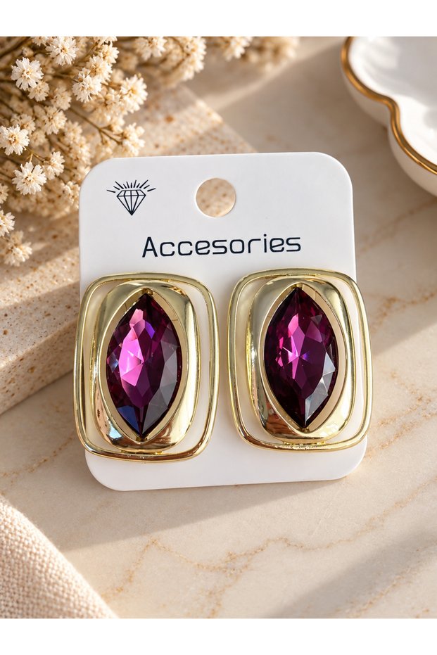 Purple Stone Gold Color Rectangular Earrings – Big, Showy, Stylish Women's Earrings