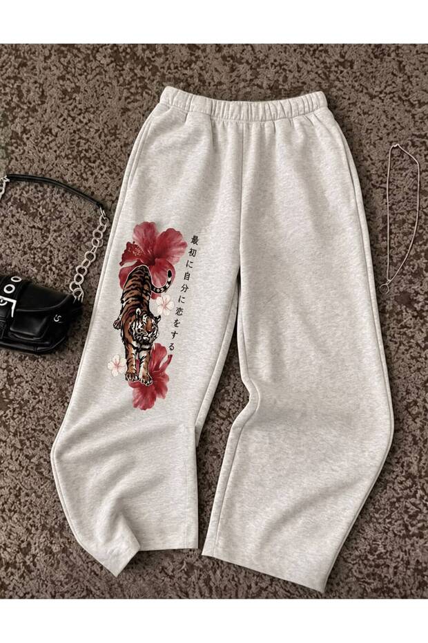 Women's Tiger and Hibiscus Flower Printed Baggy Fit Gray Wide Leg Ribbed Sweatpants