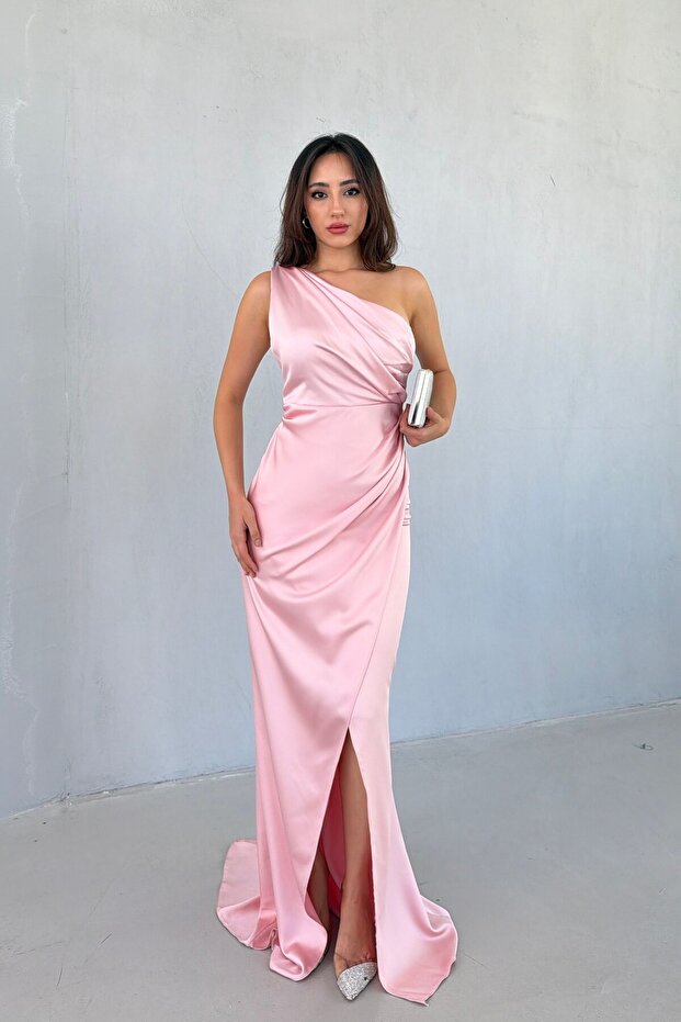 Powder One-Shoulder Slit Detailed Long Evening Dress