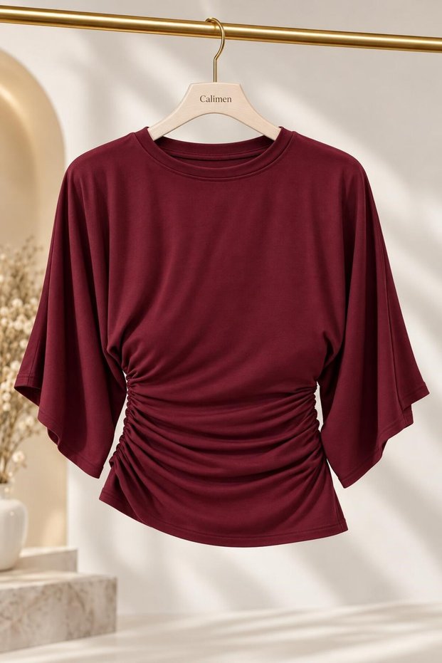 Women's Side Gathered Bat Sleeve Blouse Burgundy