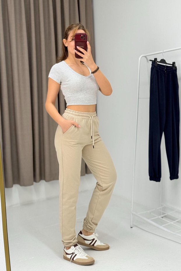 Women's Two-Thread Elastic Cuffed Sweatpants Beige