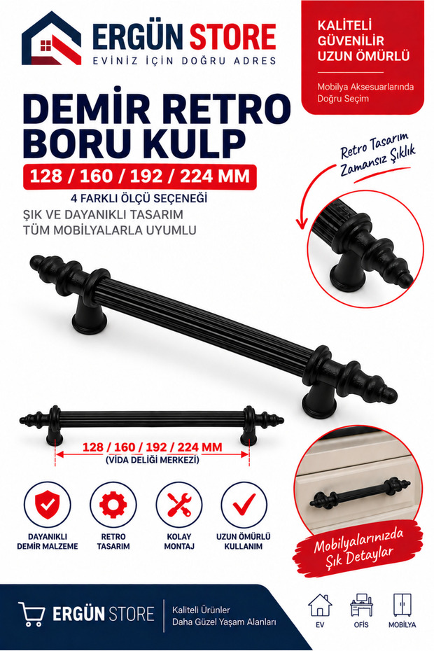 Retro, Pipe Iron Cabinet Drawer Handle Black 128-160-192-224 mm 1 Piece Screw Included