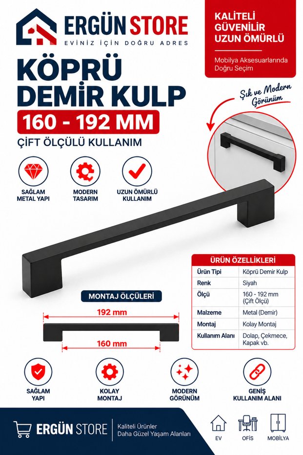 Black Cabinet Drawer Furniture Handle Bridge Handle Black 160-192 mm Double Size 1 Piece