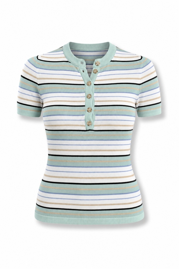 Mint Green Striped Buttoned Short Sleeve Knitwear 4752