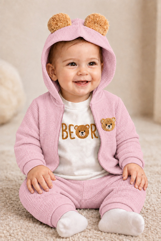 3-Piece Baby Set with Teddy Bear Ears and Waffle Fabric Cardigan (6-24 Months)