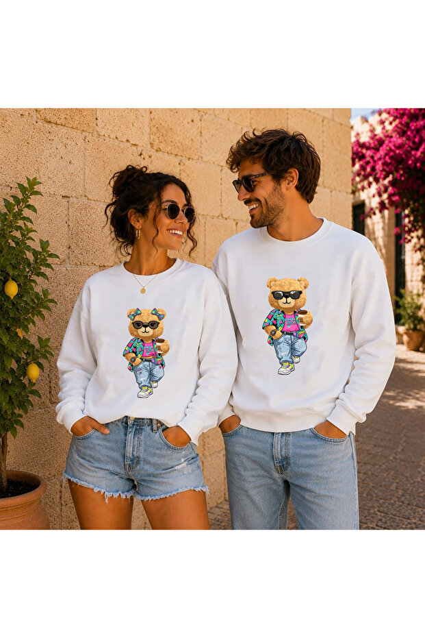 80's Teddy Bear Printed Lover's Combination Set of 2 Cotton Sweatshirts with Crew Neck