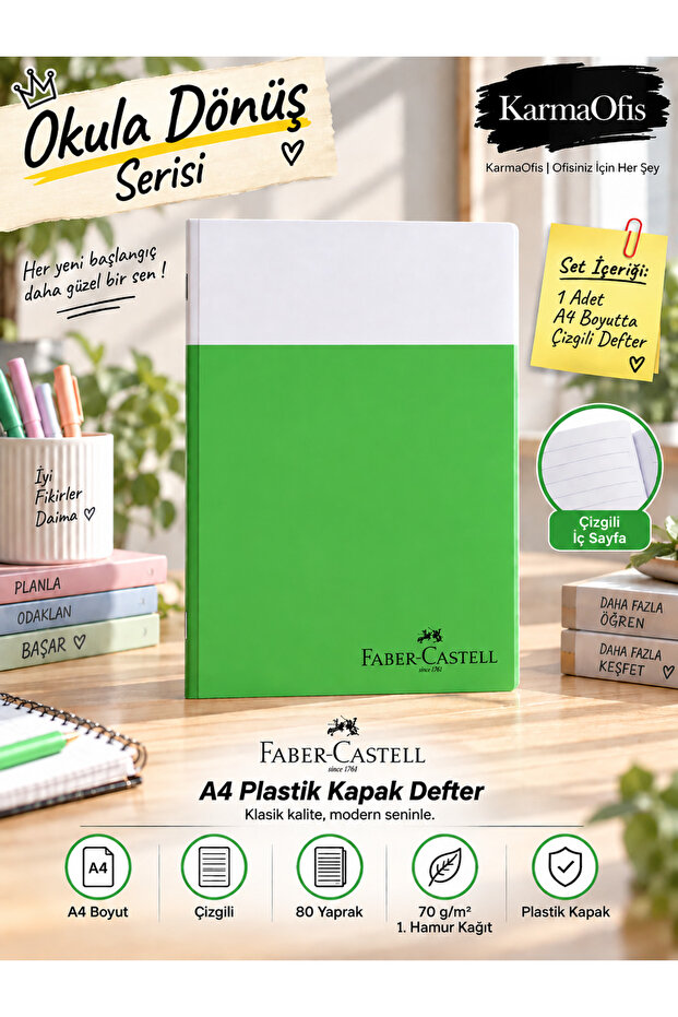 Faber-Castell A4 Lined Notebook 80 Sheets 70 Gr Plastic Cover – Green Color Option