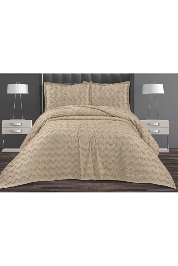 Zigzag Patterned Double Bedspread (Pique) Set 3 Pieces Beige