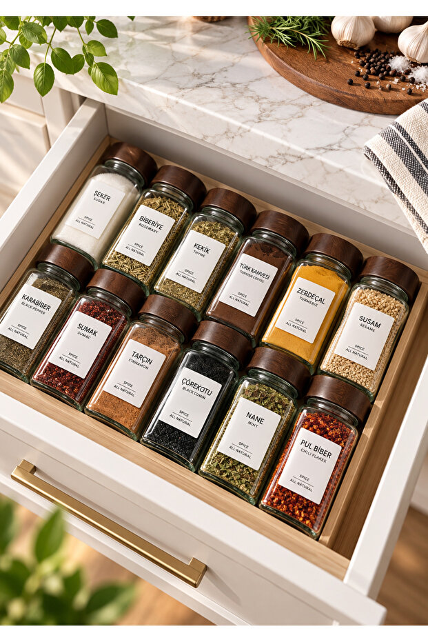 12-Piece Acacia Lid Square Glass Spice Jar Set / 12 Pieces with Label Gift / 12-Piece Spice Jar Set