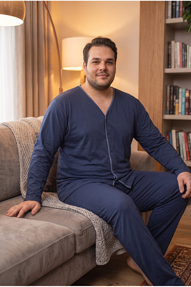Interlock Fabric Front Buttoned Long Sleeve Plus Size Men's Pajama Set 8586