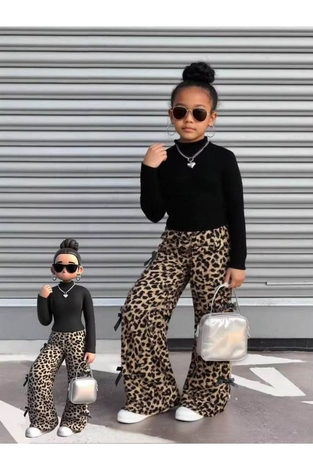 Leopard Ribbon Unprinted Wide-Legged Cotton Double Set with High Collar