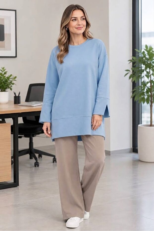 Tunic Blouse with Basic Slit Detail on Sides and Sleeves Light Blue