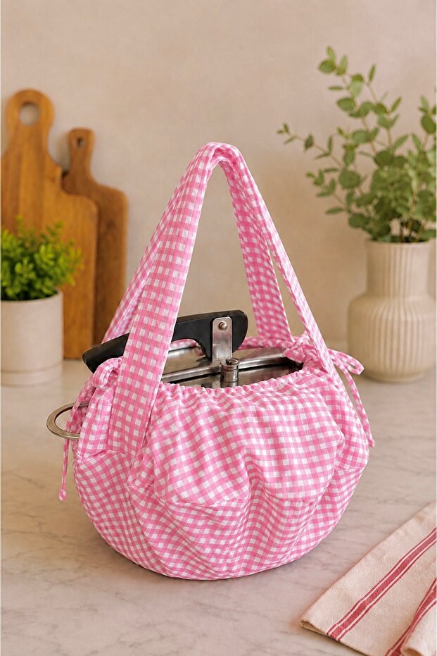 Adjustable Drawstring Picnic Cookware and Pressure Cooker Carrying Bag, Double Layer Red Gingham